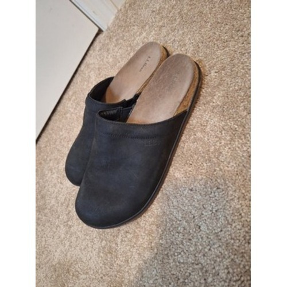 LL Bean Womens Black Leather Comfort Mules Clogs‎ Slip On Shoes Cork Midsole 11